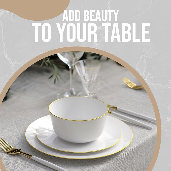 Trendables Plastic Bowls - Disposable 24 Oz Set of 50, White Gold Rimmed Fancy Serving Bowls, Perfect for Ice Cream, Salad, and Candy