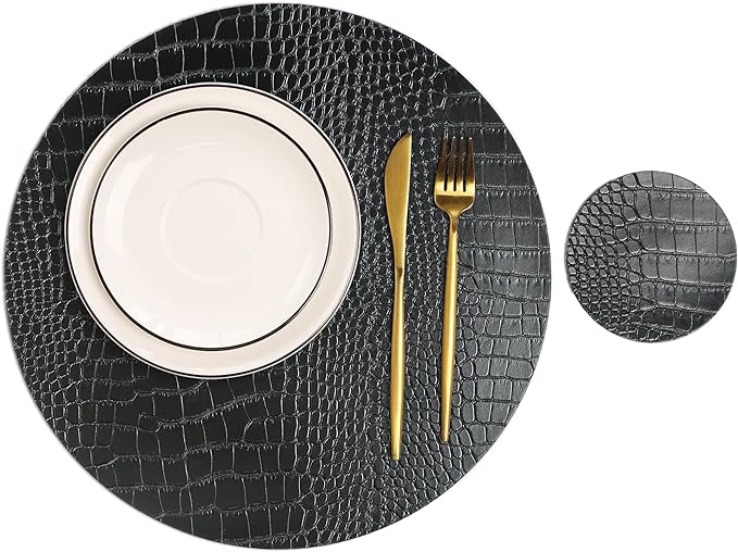 Round Leather Placemats for Round Tables Set of 4, Black Place Mats and Coasters, Washable Easy to Care for Indoor Decor 13" Diameter