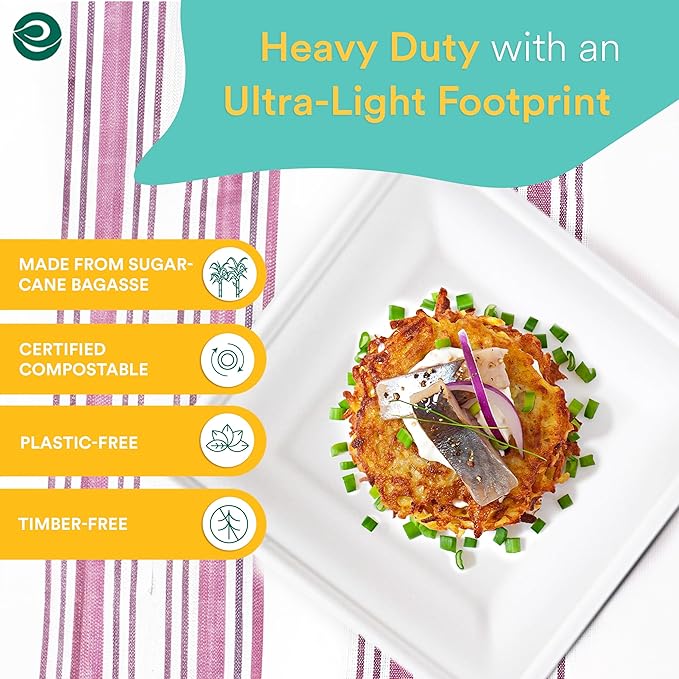 ECO SOUL Compostable Square Paper Plates 6 Inch (400 Count) Small Plates for Dessert, Heavy Duty, Eco-Friendly Sugarcane Bagasse For Appetizer- White
