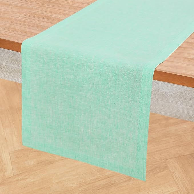 Solino Home Linen Table Runner 60 Inches - 100% Pure Linen Chambray Aqua Table Runner 14 x 60 Inch Ideal for Dresser and Coffee Tables - Athena, Winter, Spring, Easter