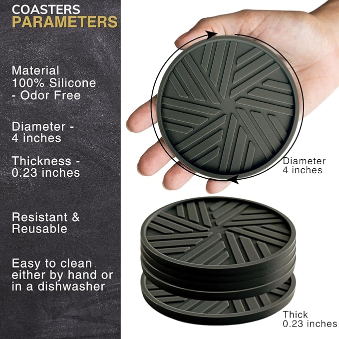 Silicone Coasters with Black Metal Holder, Set of 6, 4-Inch Diameter, Cup Mat for Drink, Stylish Home Decor, Deep Grey