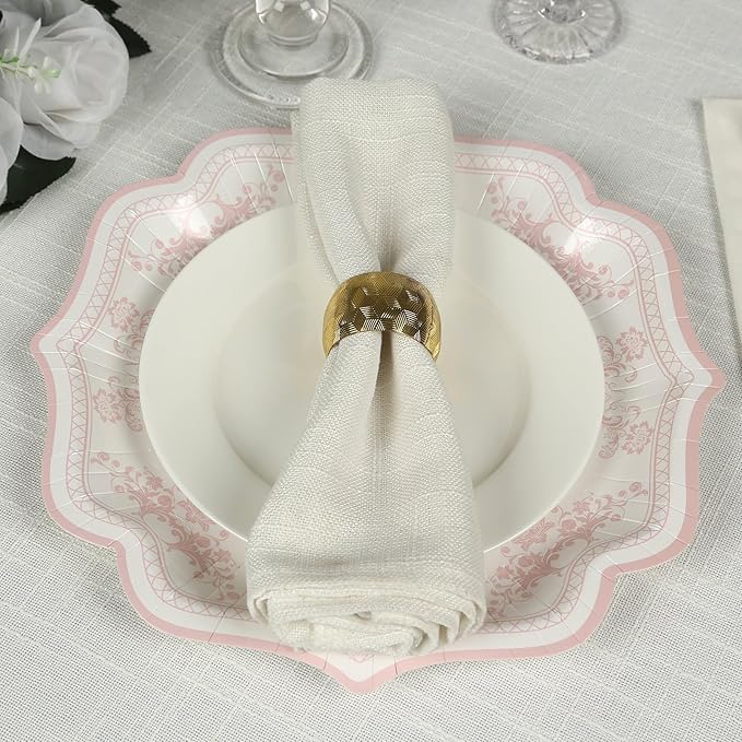 50 Pack 10" White Pink French Toile Dinner Plates, Disposable Round Paper Party Plates 300 GSM for Festive Table Decoration
