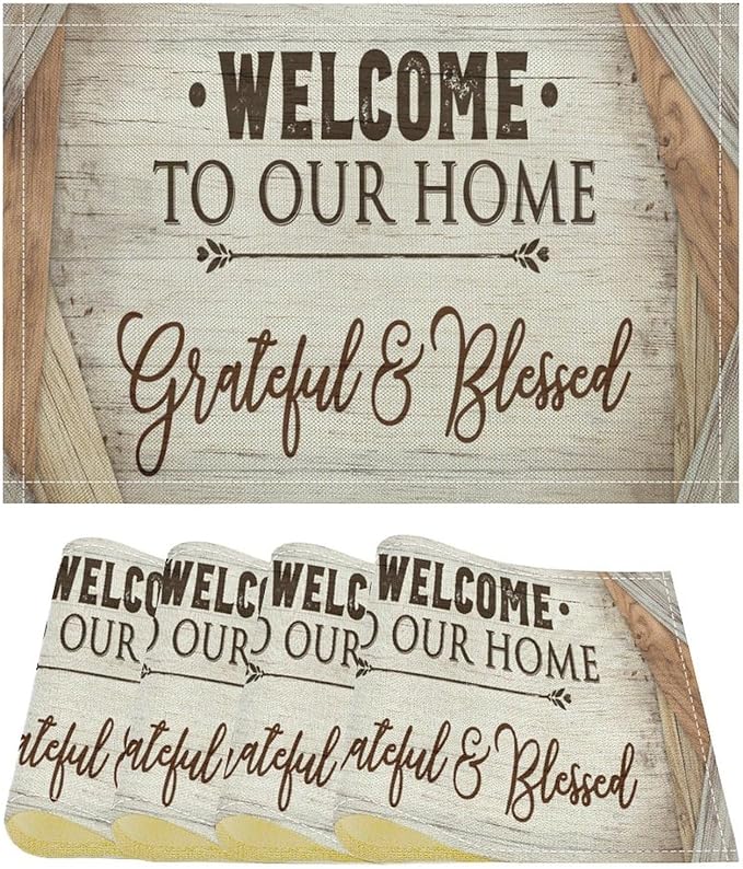 Vintage Farmhouse Placemat Set, Beige White Rustic Wooden Plank Patchwork Welcome Home Letter Inspirational Quotes Pattern Home Decor Linen Table Mats for Dining Room Kitchen Party (17x12in) x4P