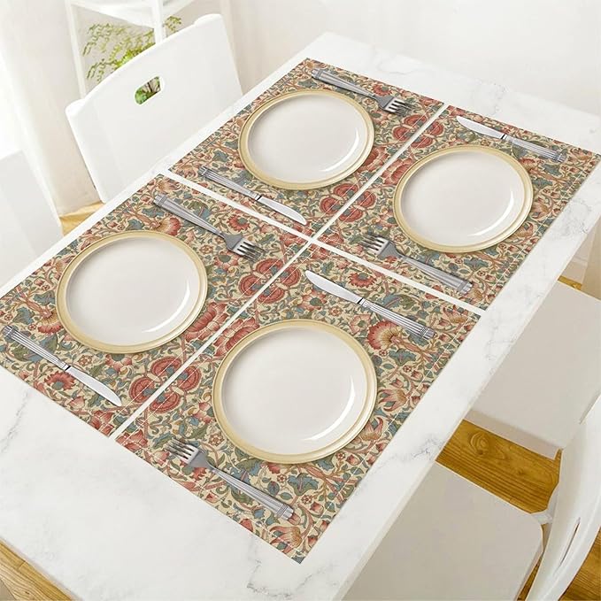 William Morris Placemat Set, Beige Blue Pink Retro Rustic Art Exotic Ethnic Lotus Floral Seamless Pattern Home Decor Linen Table Mats for Dining Room Kitchen Party (17x12in) x2P