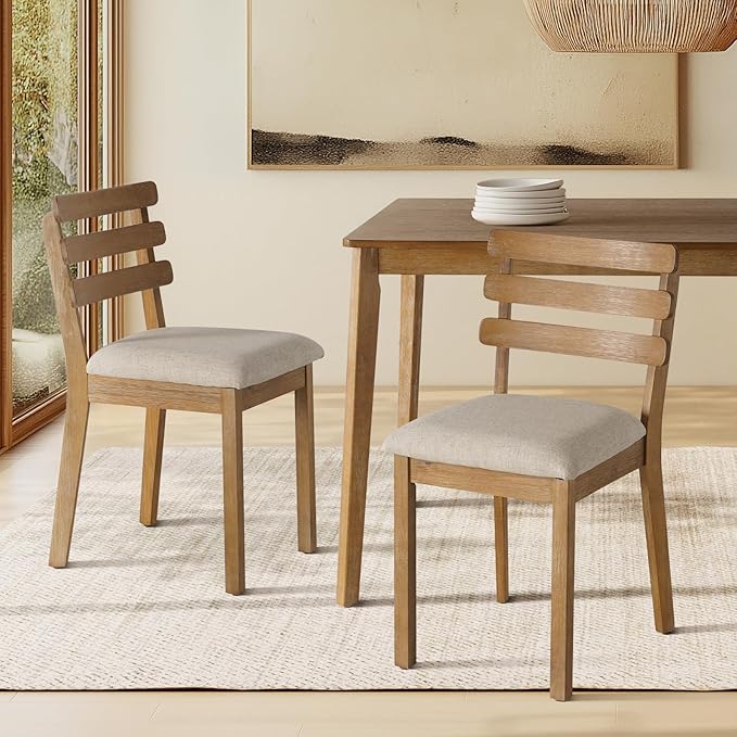 Vintage Farmhouse Dining Chairs with Ladder Back, French Country Dining Chairs Wood, Fabric Upholstered Dining Chair of 2