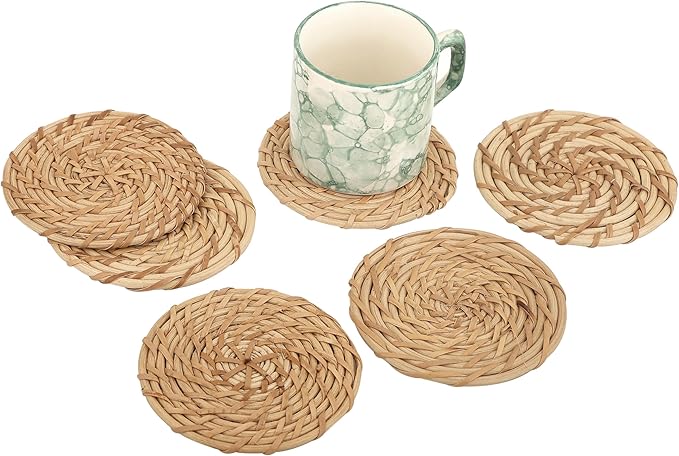ALPHA Living HOME Handmade Cane Bar Coaster Set of 12-4 Inch Round Woven Natural Brown Drink Mats for Table, Coffee Mug, Glass - Rustic Rattan for Home, Bar, Kitchen Décor