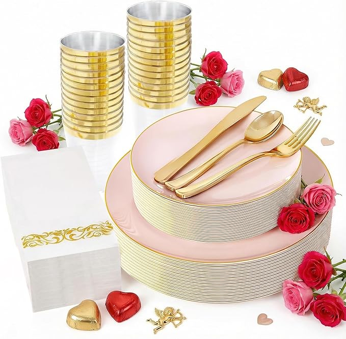 YOUBET 175PCS Pink Plastic Plates - Pink and Gold Disposable Plates Include 50 Plastic Plate, 75 Silverware, 25 Cups, 25 Napkins for Wedding & Party & Birthday Valentines Day