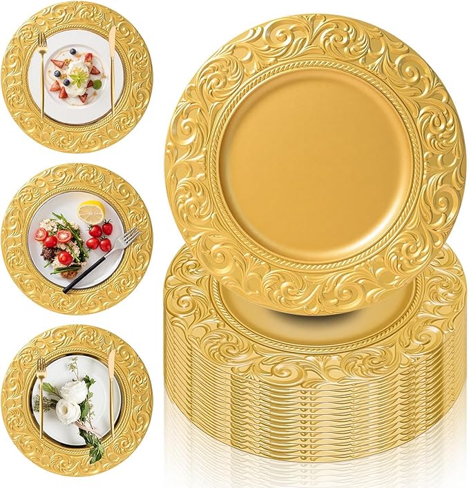 PROY 100 Pcs Antique Gold Charger Plates Bulk, 13in Plastic Embossed Dinner Gold Chargers, Round Phoenix Pattern Elegant Floral Charger Plates for Dinner Wedding Party Event Table Setting Decoration