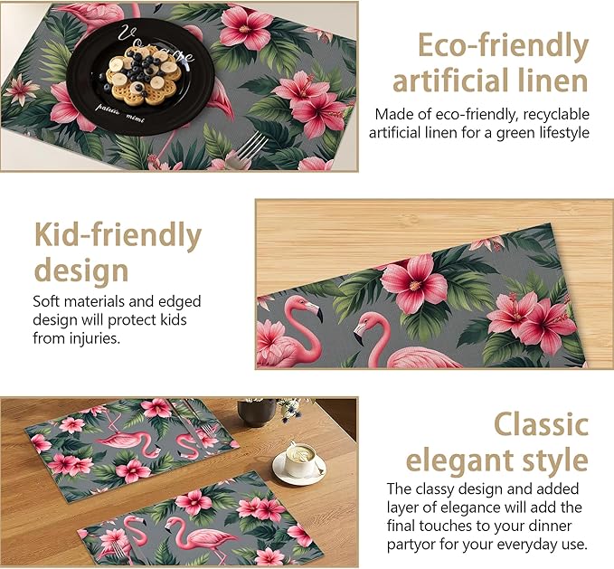 Pink Flamingo Placemats Set of 6, Tropical Palm Leaves Waterproof Linen Fabric, Non-Slip Backing & Easy Clean, Elegant Dining Table Placemats for Family and Guests