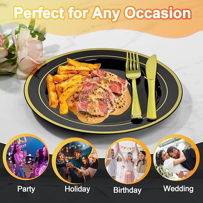 60 PCS Black and Gold Plastic Plates, Disposable Party Black Plates Include 30 10 inch Dinner Plate and 30 7 inch Dessert Plate Perfect for Holiday, Birthday, Wedding & Party