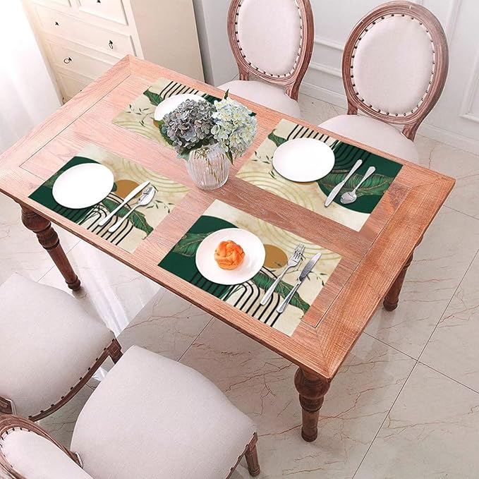 Abstract Emerald Placemats Minimalist Modern Contemporary Aesthetic Vintage Arch Neutral Washable Place Mats 12x18Inch for Dining Kitchen Farmhouse Decor 6 PCS