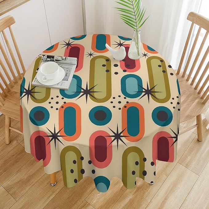Mid Century Bohemian Round Tablecloth, Modern Medieval Geometric Abstract Print Tablecloth for Home Party Dining Room Kitchen Decor 70Inch(178cm)