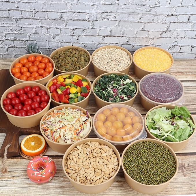 25 oz Disposable Kraft salad paper bowls with lids, Food containers Soup Bowls Party Supplies Treat Bowls 50 Pack