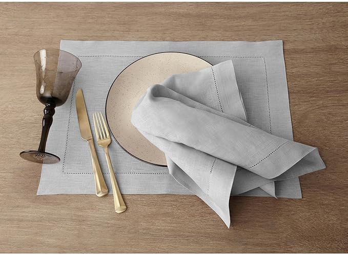 Solino Home Linen Napkins Set of 6 - Classic Hemstitch 100% Pure Linen Soft Grey Dinner Napkins Cloth 20 x 20 Inch for Winter, Spring, Easter - Handcrafted and Machine Washable