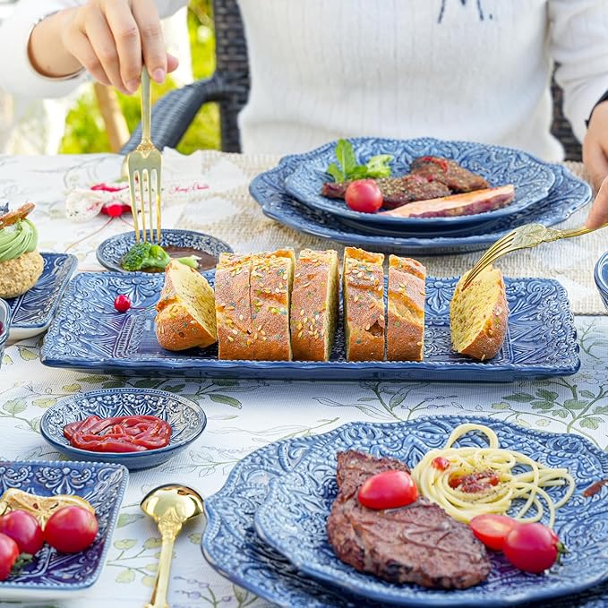 Sungmor Embossed Stoneware Fine Dining Dinnerware, Antique Baroque Style 14" Long Rectangular Porcelain Serving Platter Set of 2, Sophisticated Ceramic Dish for Party Cookies, Fruit, Cheeses & Dessert