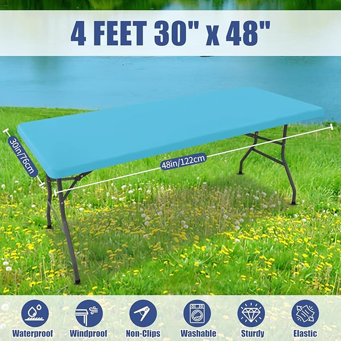 Spandex 4 Foot Rectangle Table Cloth 2 Pack, Elastic Fitted Tablecloths for Picnic, Stretch Washable Patio Table Cover for Outdoor, Camping, Banquet and Parties (Blue Mist, 30"x48")