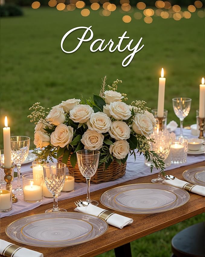 Morejoy 100Pcs Clear Plastic Plates,Clear Disposable Plates With Gold Rim,Heavy-duty Gold Plate, Modern swirl design Plate Include 50Clear Dessert-Platos,50Dinner-Platos for Party&Christmas