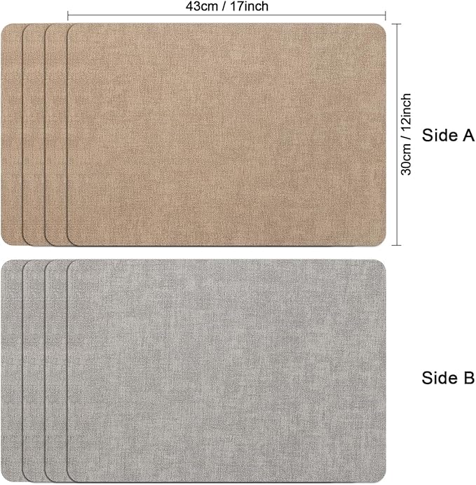 Myir JUN Reversible Vinyl Placemats Set of 4, Faux Leather Place Mats Dual Sided Waterproof Oilproof Wipeable, Heat-Resistant Table Mats for Kitchen Dining Indoor Outdoor (12" x 17", Light Gray Beige)
