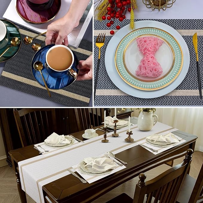 FAVE Placemats Set of 8 Blue Placemats Woven with Golden Thread Durable and Wipeable Vinyl Placemats Table Mats Set of 8 for Wedding, Banquet, Birthday, Party, Restaurant (Blue, 12"x18"-8PCS)