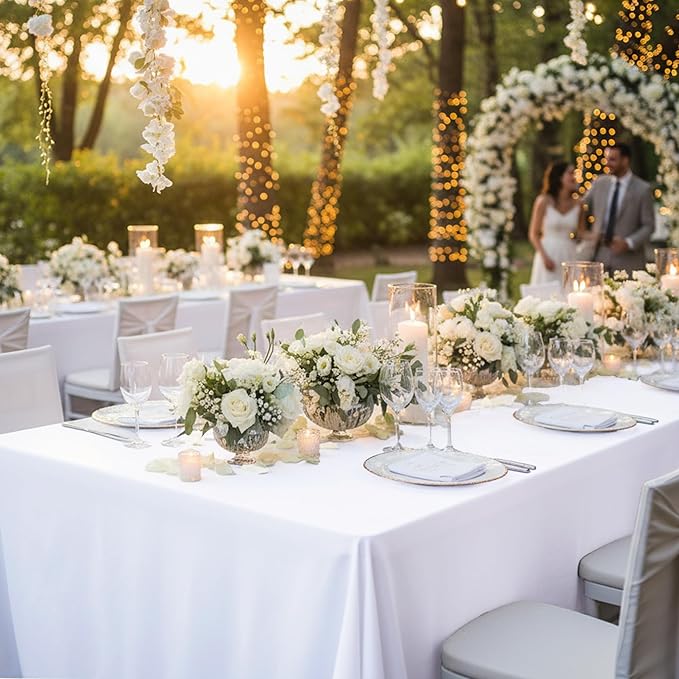 10-Pack White Tablecloths for Rectangle Tables, 54 x 108 Inches, Stain-Resistant Polyester Fabric for 6 Foot Tables - Washable Table Covers for Weddings, Banquets, Birthday Parties, Events