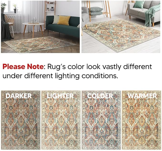 Keen Home Design 8x10 Rug - Machine Washable Area Rug with Non-Slip Backing, Ideal for Living Room, Dining Room, Bedroom - Vintage, Easy Clean, Durable, Low Pile Rug - (8' x 10')