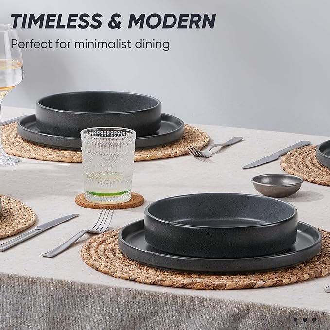 E-far 16-Piece Plates and Bowls Sets - Stoneware Dinnerware Sets with Pasta Bowls for 4 | Microwave & Dishwasher Safe Kitchen Modern Dish Set, Deep Gray