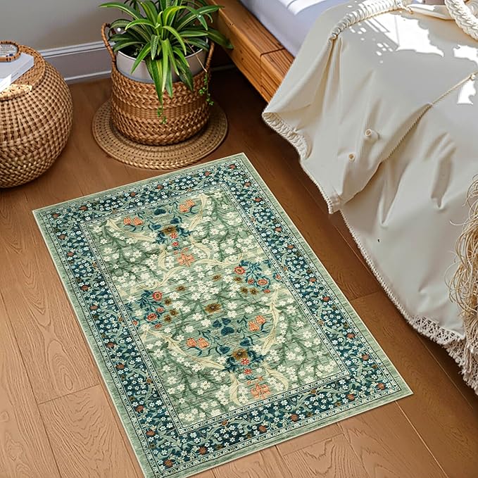 GarveeHome Floral Entryway Rug, 2x3 Washable Front Door Entry Throw Rugs Indoor, Non Slip Bathroom Small Rugs, Boho Thin Rug for Kitchen, Soft Carpet Mat for Bedroom Bathroom, Sage Green