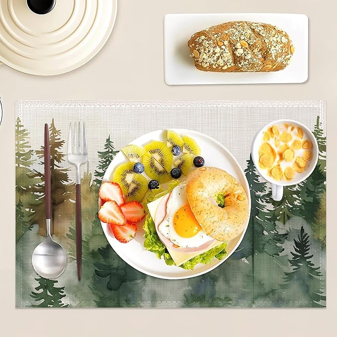 Set of 6 Washable Misty Forest Landscape Placemats Non-Slip Heat-Resistant 12x18 Inch Thick Decorative Linen Table Mats for Dining Table Home Décor