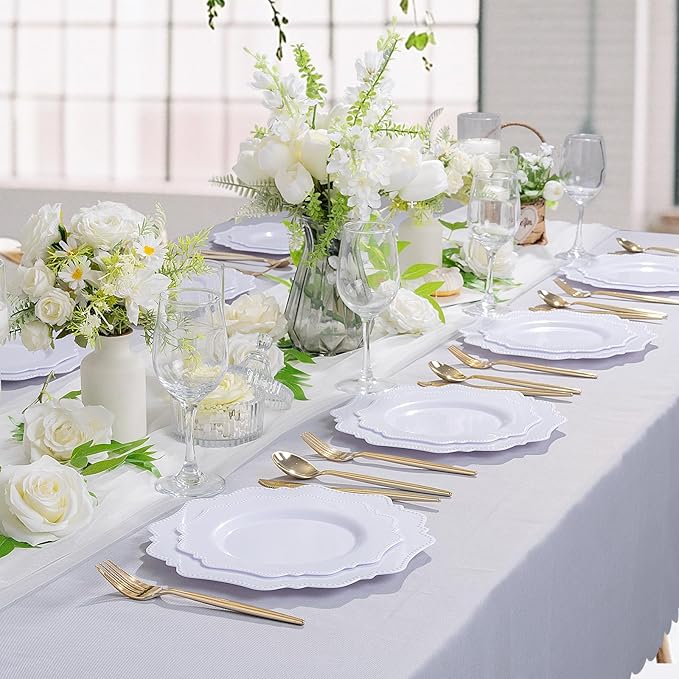 COLOSUS 60pcs White Plastic Party Dinner Plates - 9.5 Inch- Heavy Duty Disposable Plastic Dinner Plates for Party Thanksgiving and Everyday Use