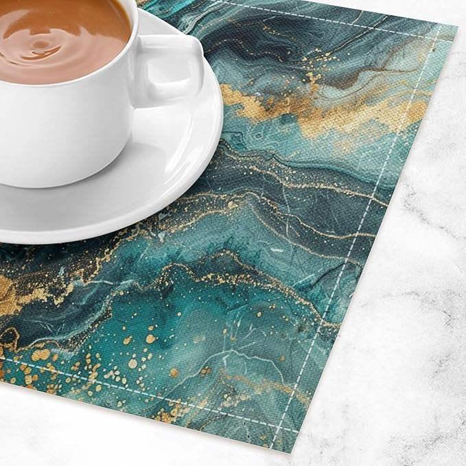 Marble Linen Place Mats Set of 4, 12x17 Inch Modern Abstract Foil Stone Texture Teal Gold Marble Washable Fabric Non-Slip Placemats for Home Dining Table Banquets Party Kitchen Decoration