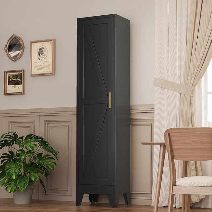 Narrow Metal Cabinet with 4 Adjustable Shelves and Barn Doors,Tall Bathroom Storage Cabinet, Metal Pantry Organizer for Kitchen,Home Office, Dining Room,Black