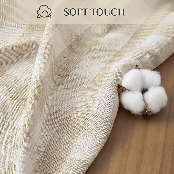 Softalker Checkered Tablecloth Rectangle, Outdoor Linen Cotton Gingham Table Cloth with Tassel, Heavy Duty Wrinkle Free Buffalo Plaid Table Cover for Kitchen Dining Home Party - 55 x 102 Inch, Beige