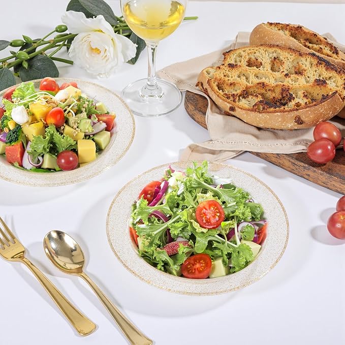 bUCLA 120 Pack Disposable Plastic Bowls - 12oz Clear Gold Glitter Party Bowls for Salads, Desserts, Soups - Premium Disposable for Parties & Thanksgiving