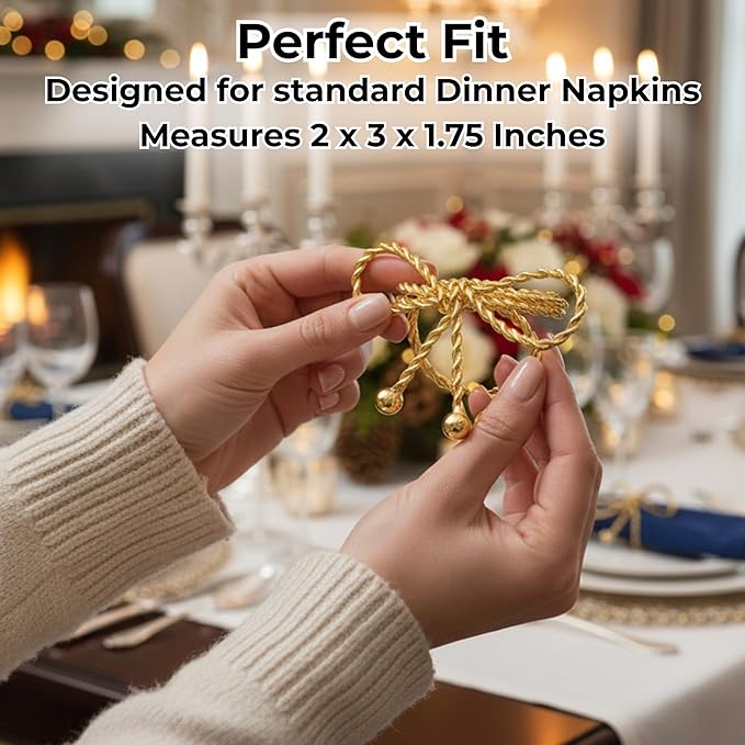 ALPHA Living HOME Napkin Rings Set of 12, Holiday Napkin Holders, Metal Napkin Rings for Safari Theme Table Décor Handmade for Holiday, Weddings, Receptions, Banquets, Events, Bow Shape, Gold