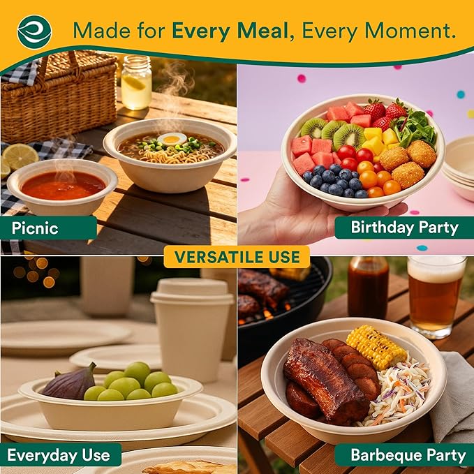 ECO SOUL 100% Compostable 16 Oz Soup Bowls [100-Pack] Disposable dessert bowls I Heavy duty paper bowl I Eco-friendly salad bowl I Biodegradable large Bowls