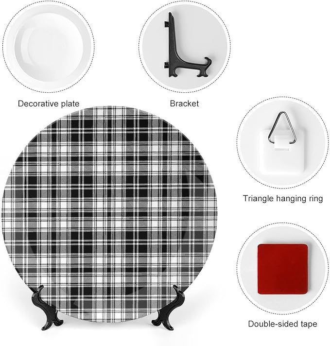 Decorative Plates, Abstract Decor Print Ornament, British Tartan Stripes Pattern, 6 Inch, Kitchen Wall Decor, Black White
