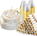 350PCS Clear Plastic Plates for 50 Guests, Disposable Dinnerware Sets Include 50 Gold Rim Plastic Plates, 25 Silverwares, 25 Cups, and 25 Pre Rolled Napkins for Party, Wedding and Graduation