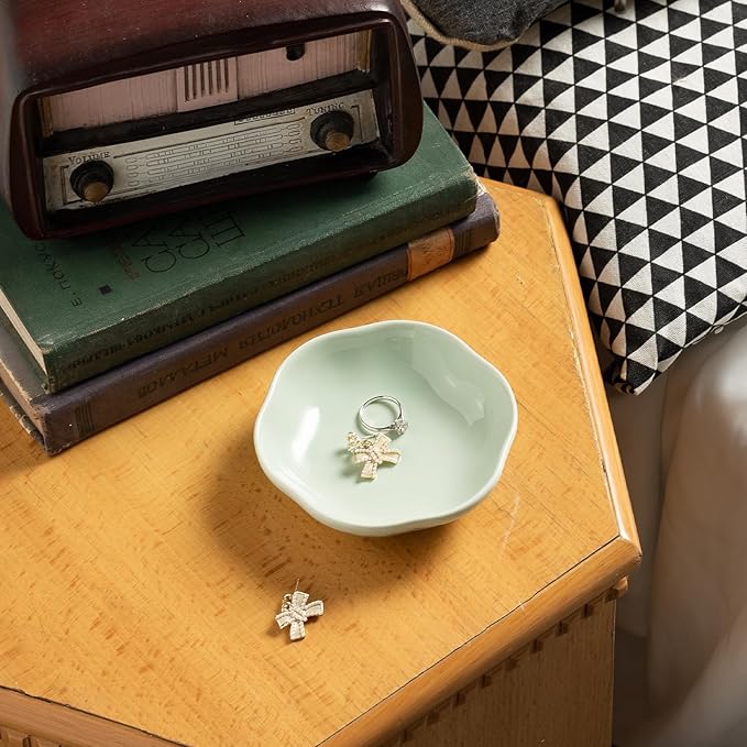 Ceramic Jewelry Tray Ring Holder Dish Floral Trinket Bowl for Women Girls Jewelry Organizer for Vanity Dresser Decor Wedding Birthday Gift for Her (green)