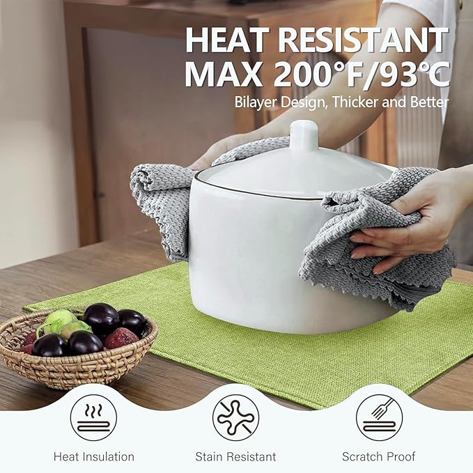 Blue Forest Placemats Set of 4, Dual-Layered Thickened Faux Linen Table Mats Heat Resistant Machine Washable Wrinkle Free Place Mats for Kitchen Dining Outdoor/Indoor (Grass Green)