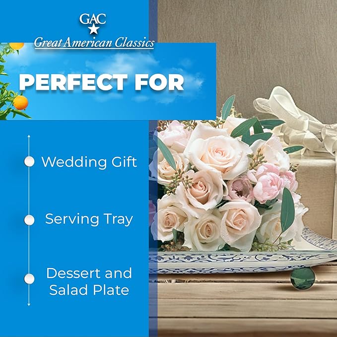 GAC Florentine Tempered Glass Square Serving Tray with Ball Legs – Chip Resistant, Oven & Microwave Friendly - Ideal Present – Clear Glass Square Plate for Appetizers & Desserts – Blue, 10-Inch