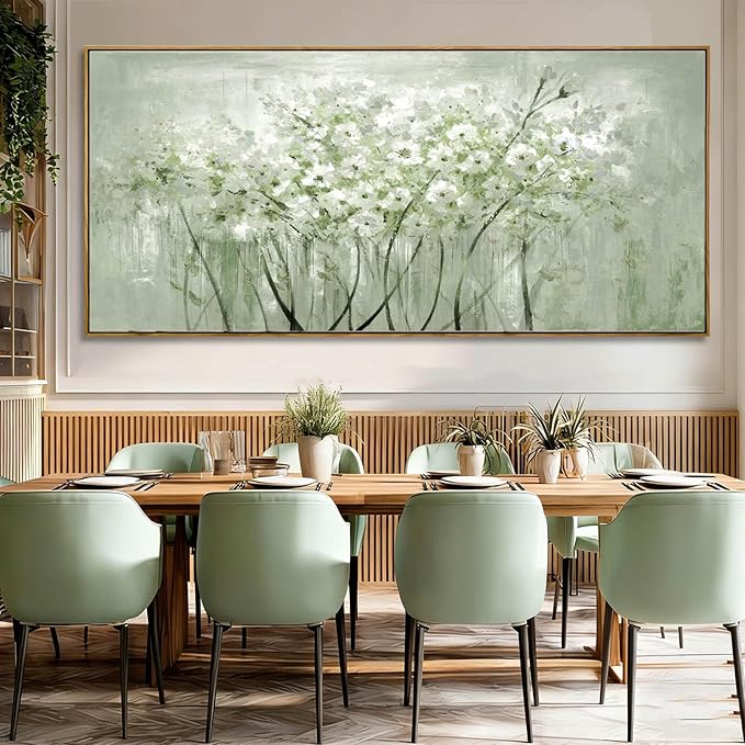 Green and White Floral Wall Art Blossom Canvas Painting Nature-Inspired Artwork Large 40x88 Modern Framed Wall Decor for Living Room Bedroom Office