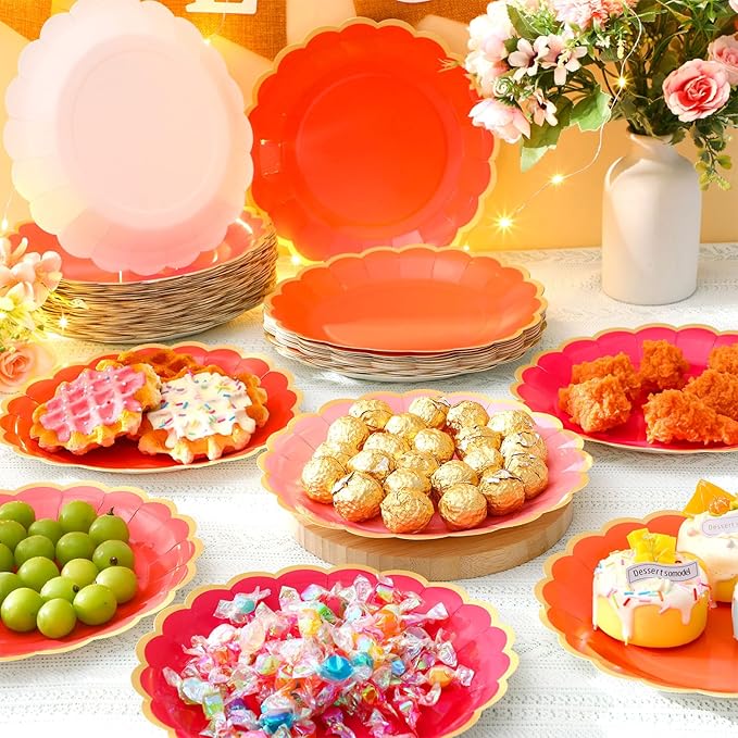 96 Pcs Pink and Orange Paper Plates 9 Inch Scalloped Paper Plates Disposable Dinner Dessert for Birthday Wedding Bridal Party Supplies, 6 Colors