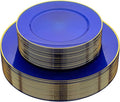 Hioasis 60pcs Blue Gold Plastic Plates - Gold Disposable Dinnerware Set, 30pcs Dinner 10.25in & 30pcs dessert 7.5in plates with striped designs for party & wedding