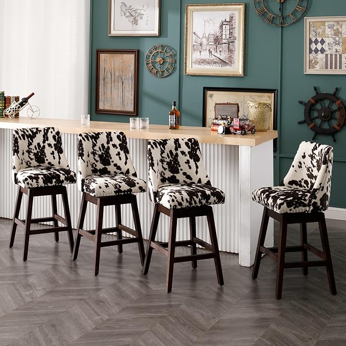 Counter Height Bar Stools Set of 4 Swivel Velvet Kitchen Stool Chairs with Back Mid Century Modern Barstool with Distressed Wood Legs for Dining Bar, Cow