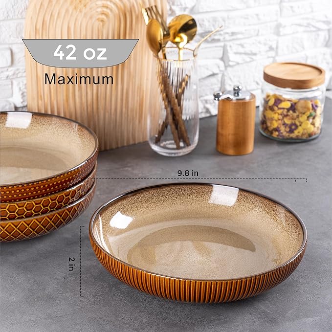 GBhome 9.5'' Large Pasta Bowls, 42 Ounce Stoneware Salad Bowls for Kitchen, Ceramic Serving Bowls With Textured Pattern for Pasta,Fruit, Stews,Noodle, House-warming Gift, Set of 4-Caramel