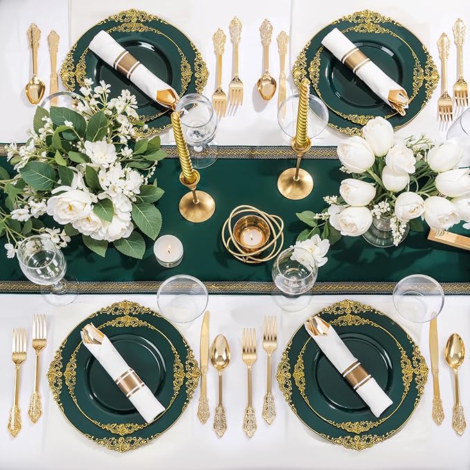 Nervure 100PCS Green and Gold Plastic Plates - 10.25inch Green Disposable Plates - Heavyweight Dinner Plate for Wedding & Party