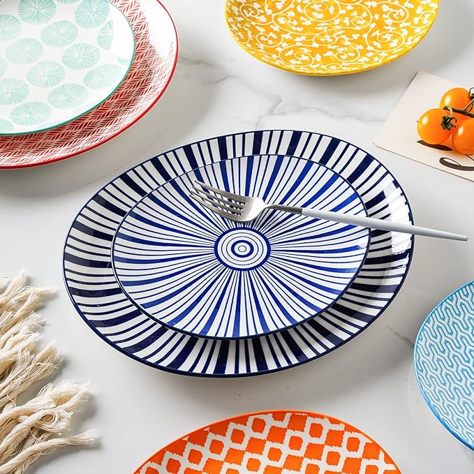 Selamica Porcelain Shallow Oval Dinner Plates, 8 inch Dessert Pasta Salad Curve Plates, Microwave/Dishwasher/Oven safe, Set Of 6, Assorted Colors