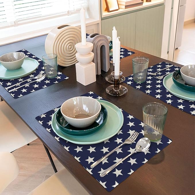 Independence Day Placemats 12x18 Inches Set of 4, 4th of July Blue Stars Placemats Summer Decorative Rectangle Star Table Mats for Party Home Kitchen Dining Table Decoration