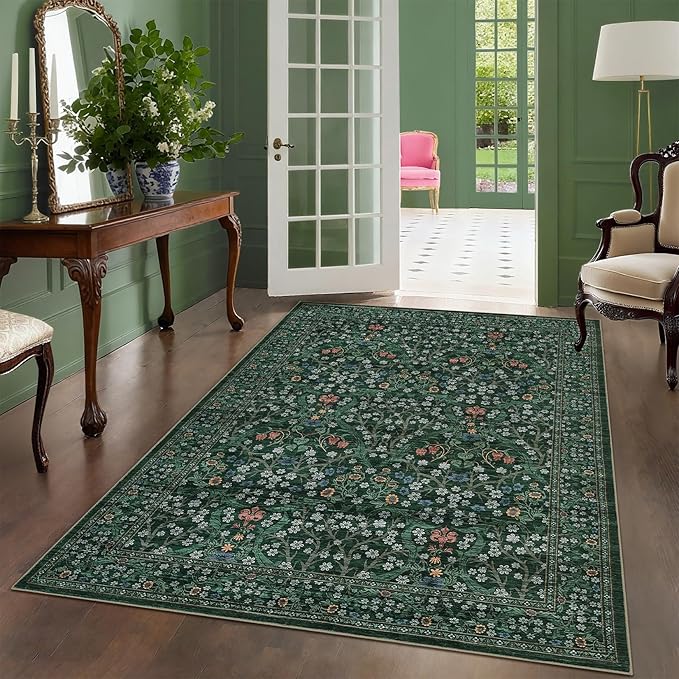 GarveeHome 6x9 Washable Area Rug for Living Room, Floral Dining Room Rugs for Under Table, Low Pile Non-Slip Stain Resistance Floor Carpet for Bedroom, Dark Green