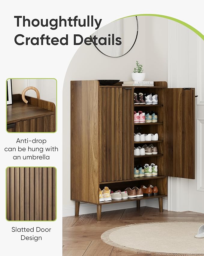 Large 6-Tier Shoe Storage Cabinet with Fluted 2 Doors, 44" Tall Freestanding Entryway Shoe Cabinet with Adjustable Shelves,(Walnut